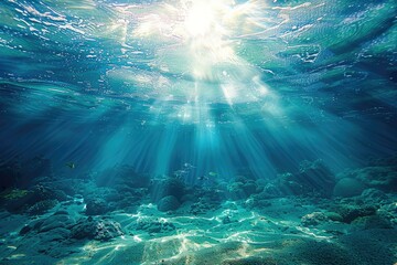 Fototapeta premium Underwater blue ocean background and sunlight Underwater blue ocean background and sunlight