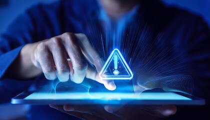 person hand interacting with a holographic warning sign displayed above a tablet.