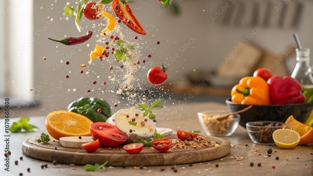 Poster captivating tilt-shift photography of exploding food in a colorful culinary display, showcasing vibr