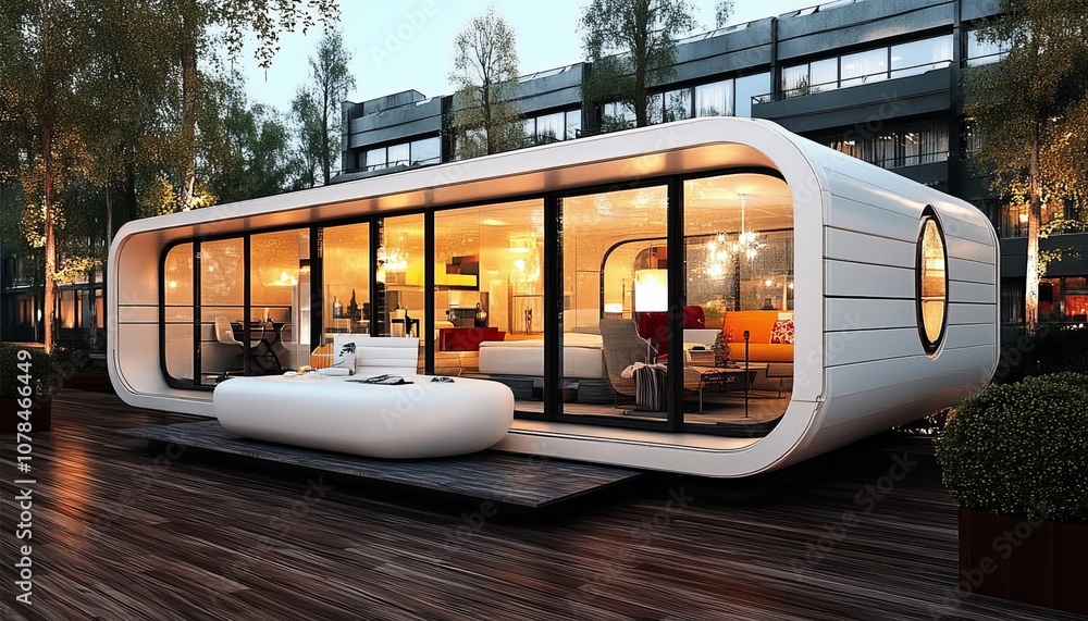 Poster modern modular home with open floor plan and patio, prefabricated building architecture