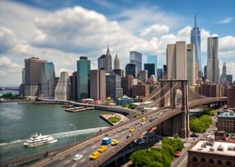 Obraz premium Captivating Tilt-Shift Photography of New York City’s Iconic Landmarks with a Unique Miniature Effect Showcasing Urban Life and Bustling Streets in a Vibrant Color Palette