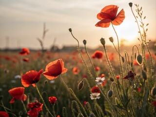 Obraz premium Captivating Tilt-Shift Photography of Vibrant Poppies in a Lush Field, Showcasing Stunning Depth of Field and Dreamy Aesthetic for Nature Lovers and Garden Enthusiasts