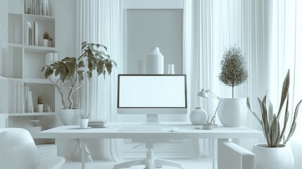 Creative designer desktop with blank white computer monitor, keyboard, coffee cup, smartphone, stationery and decorative plants on white brick wall background
