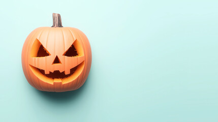 Fototapeta premium Carved jack-o'-lantern pumpkin with a smiling face on a light blue background, symbolizing Halloween decoration and autumn celebrations.