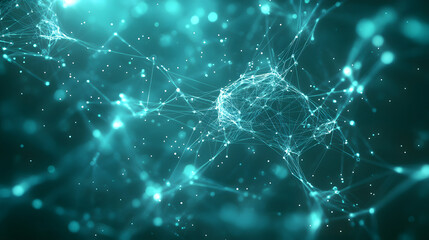 Abstract blue green technology background with a cyber network grid and connected particles. Artificial neurons, global data connections