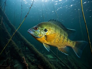 Fototapeta premium Captivating View of a Bluegill Fish Swimming in a Dark Lake Environment, Showcasing Its Vibrant Colors Against the Mysterious Shadows of the Underwater Habitat