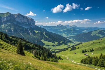 Fototapeta premium Captivating View of Ifen Mountain with Lush Green Valley and Clear Blue Sky – Perfect for Nature Photography Projects and Travel Enthusiasts Seeking Scenic Beauty