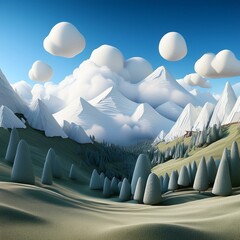 Fototapeta premium Adorable mountain landscape in a kids' graphic style, with soft, rounded mountains and cheerful elements like clouds and trees