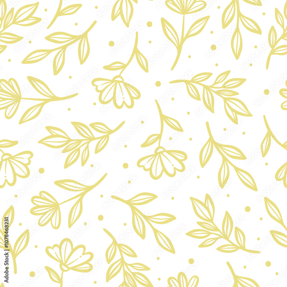 Poster yellow floral vector pattern, seamless repeating flower doodle pattern, leaves and flowers endless r