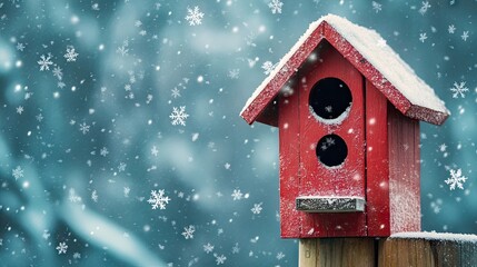 A vibrant red birdhouse designed for winter decor contrasts beautifully against a backdrop of fresh snowflakes, creating a serene winter scene perfect for seasonal imagery.