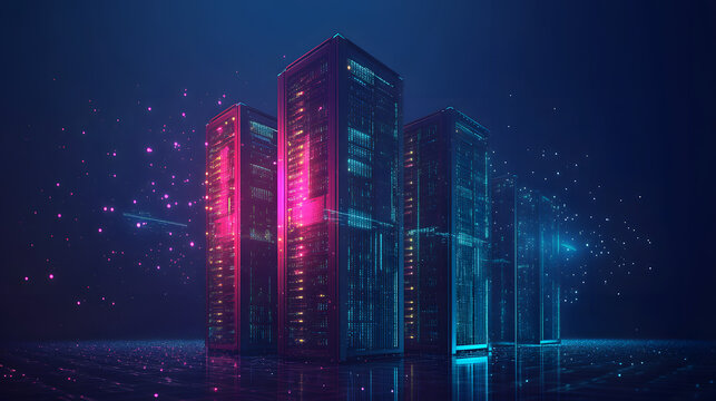 Abstract data center background, database in terminal storage, hardware server room, cloud computing, networking and hosting in rack system
