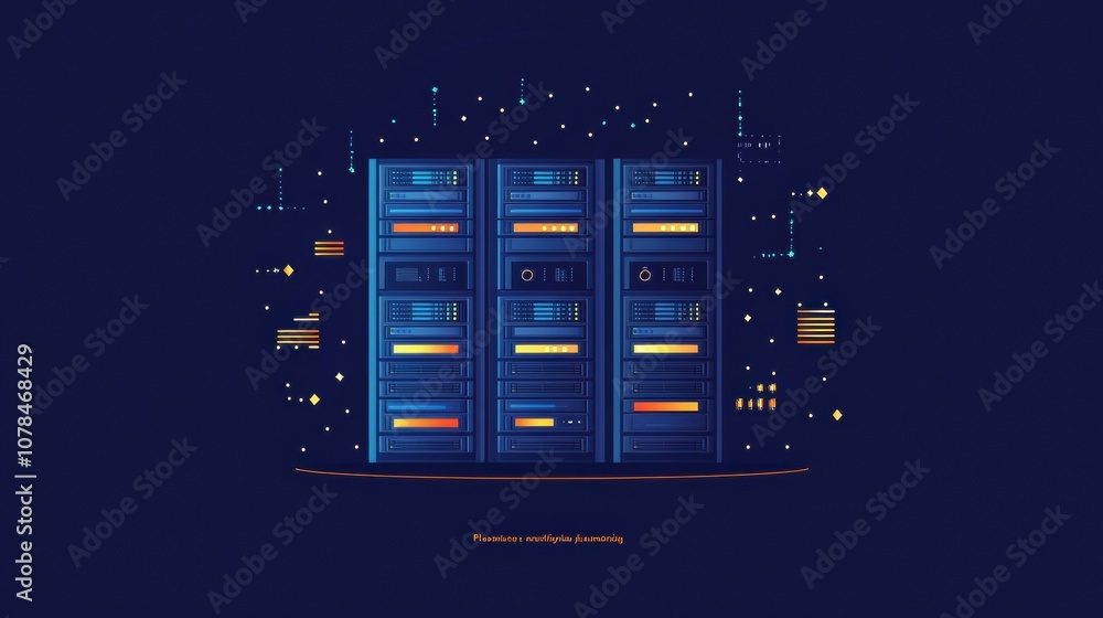 Aufkleber A set of servers with blinking indicators stands out against a dark background, representing advanced data management technology. Generative AI