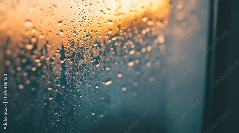 Poster close-up view of raindrops on a window pane with warm sunset glow creating a beautiful and tranquil 