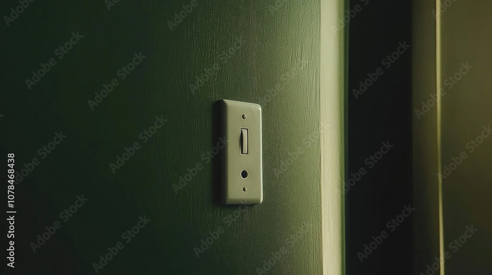 Poster minimalist close-up of a light switch on a textured wall, illuminated by soft ambient light, creatin