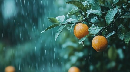 Close-up of a wet orange tree in a garden, highlighting a few ripe oranges, with a focus on the...