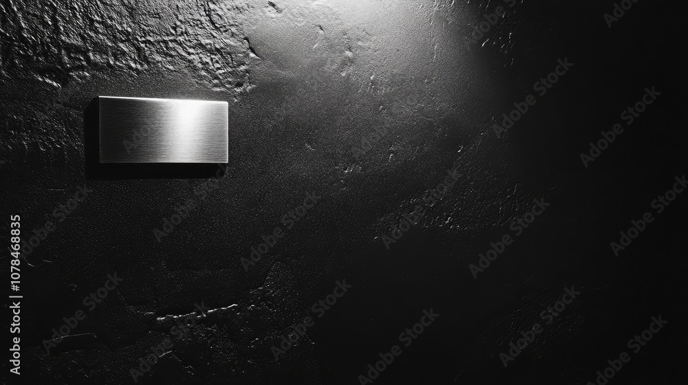 Poster metallic rectangular plate mounted on a textured black wall with dramatic lighting creating a modern
