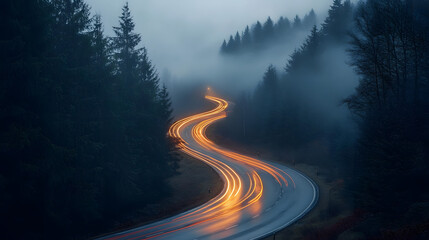 Car headlights and traffic lights on a winding road through pine trees, in a foggy valley at sunset, captured by long exposure photography