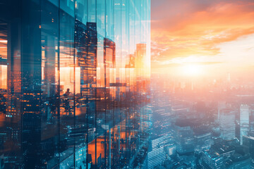 Fototapeta premium A vibrant city skyline illuminated by sunset, showcasing modern architecture and a bustling urban atmosphere.