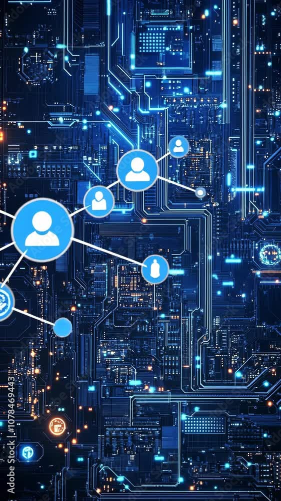 Poster building digital networks on a glowing circuit board