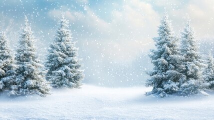 Winter background with snow-covered Christmas trees creates a serene atmosphere, ideal for seasonal themes. This winter backdrop enhances any design with its enchanting wintery essence.