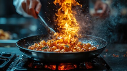 A chef cooking fiery dish in a pan, showcasing culinary skills.