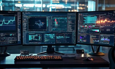 Three Computer Monitors Displaying Data and Graphs - Powered by Adobe
