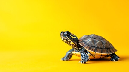 Obraz premium A small turtle walks on a yellow background.