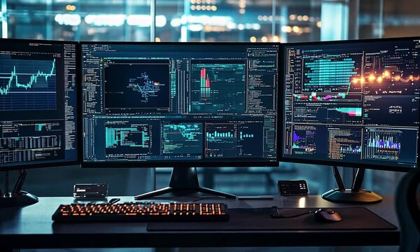 Three Computer Monitors Displaying Data and Graphs - Powered by Adobe
