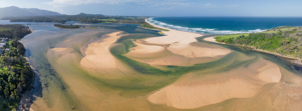 Aerial panorama of sandbars and channels in a coastal lake system