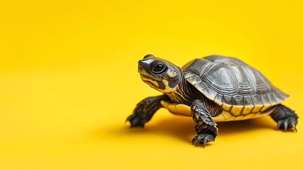 Obraz premium A small turtle walks on a yellow background.