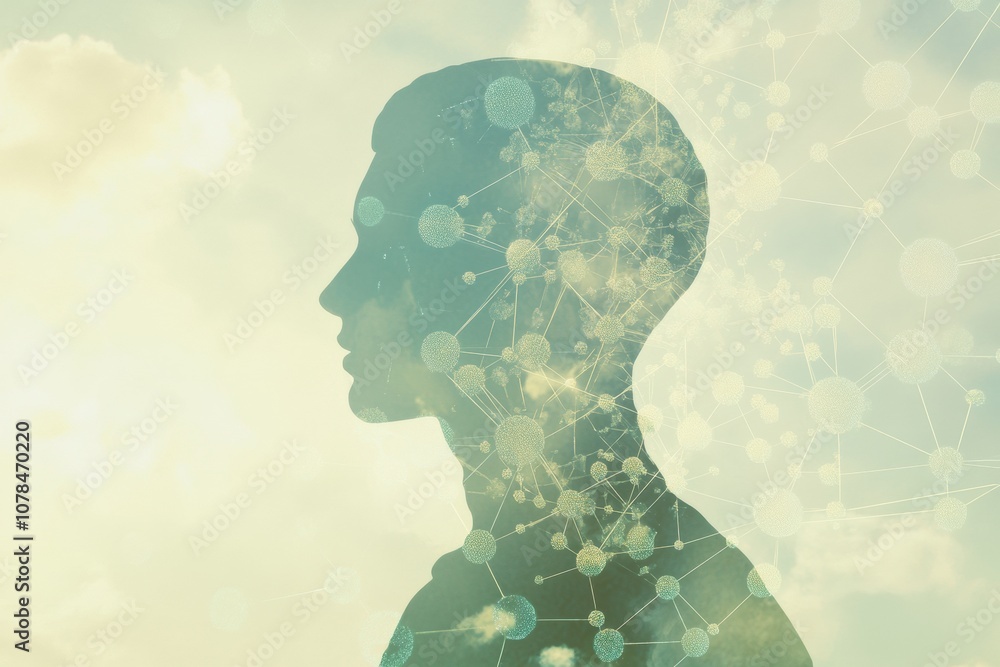 Poster the silhouette of a person is filled with intricate molecular structures and diagrams, symbolizing i