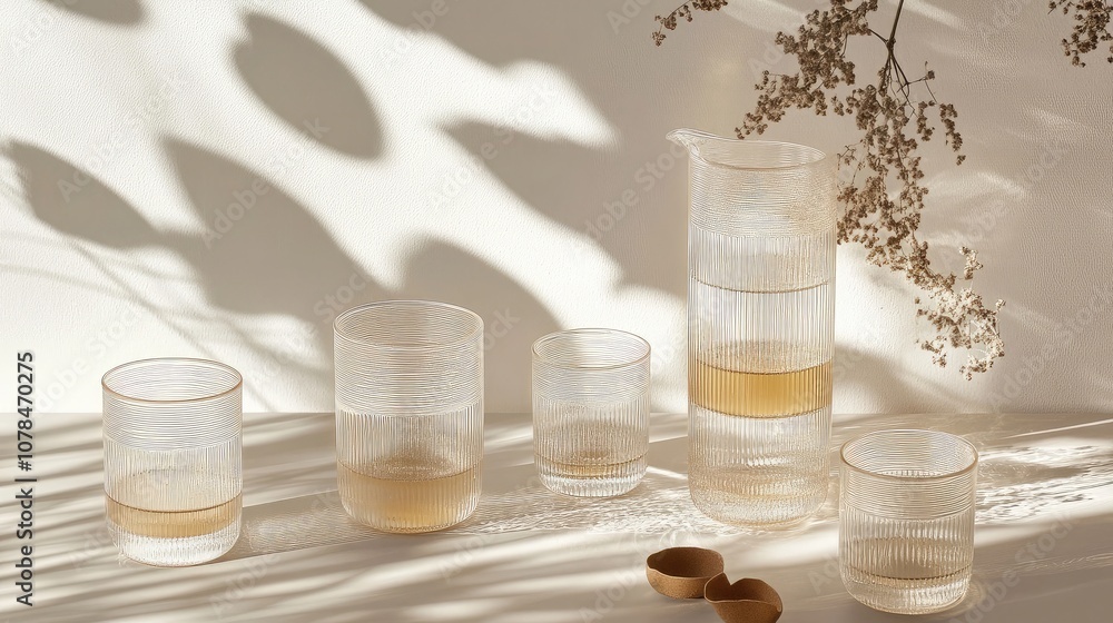 Poster elegant display of textured glassware with soft shadows and natural elements, perfect for minimalist