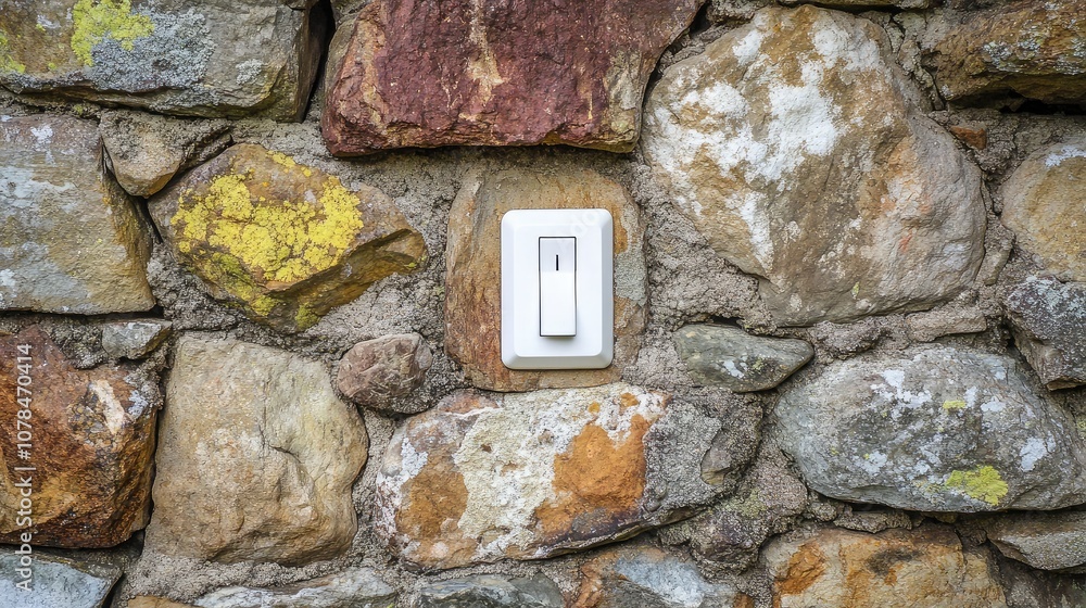 Poster a close-up view of a white light switch installed on a rustic stone wall featuring varied textures a