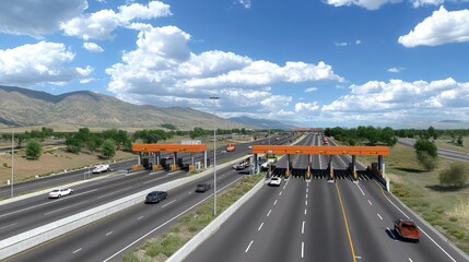 Scenic View of Toll Plaza with Clear Sky, Modern Highway Infrastructure, Vehicles Approaching Toll Booths, Beautiful Landscape, and Majestic Mountains in the Background