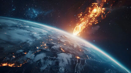 Obraz premium Asteroid entering planet Earth atmosphere before impact, meteor warning from space, comet danger on globe, threat of global disaster