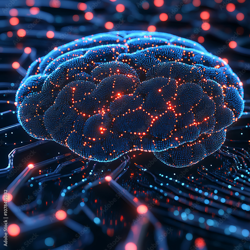 Poster 3d digital brain with interconnected nodes, glowing in blue and red, symbolizes advanced technology 