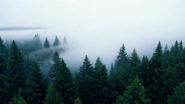 Aerial view of a misty forest with green pine trees.