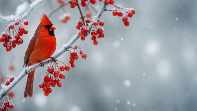 Red cardinal bird on a frosty tree branch with snow red berries in winter, Holiday and Christmas web banner with copy space
