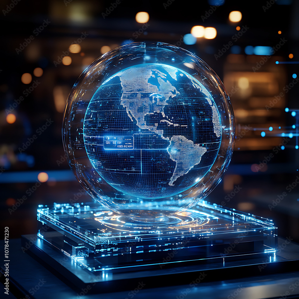 Poster 3d holographic globe displaying digital map of americas, showcasing advanced technology and data vis