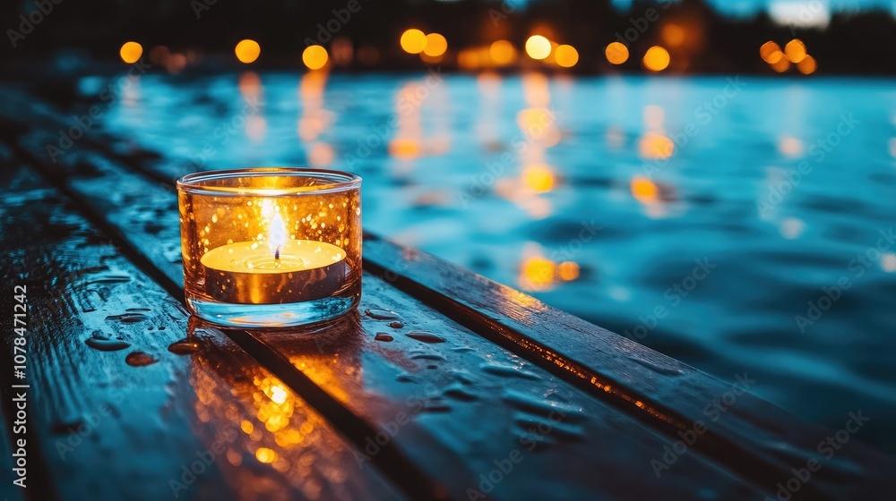 Poster tranquil evening scene of a flickering candle on a wooden dock with reflections on water surrounded 