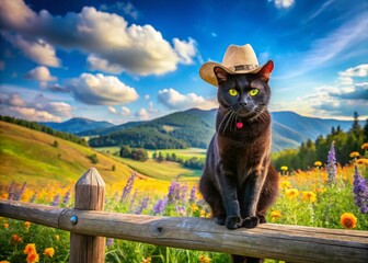 Fototapeta premium Charming Black Cat in Cowboy Hat on Rustic Fence Surrounded by Nature – A Whimsical Western Scene with Feline Flair