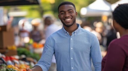Fototapeta premium Young male politician engaging with community at outdoor market