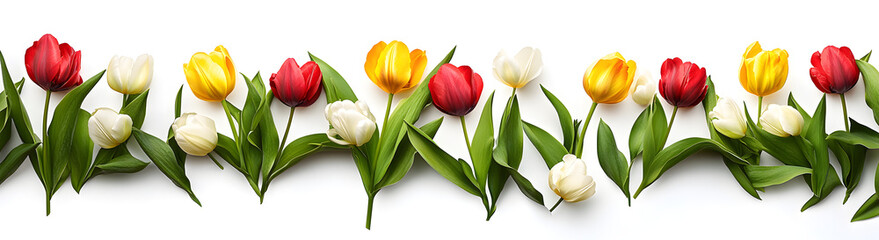 Obraz premium Red, yellow and white tulip flowers and leaves border isolated on a flat background.