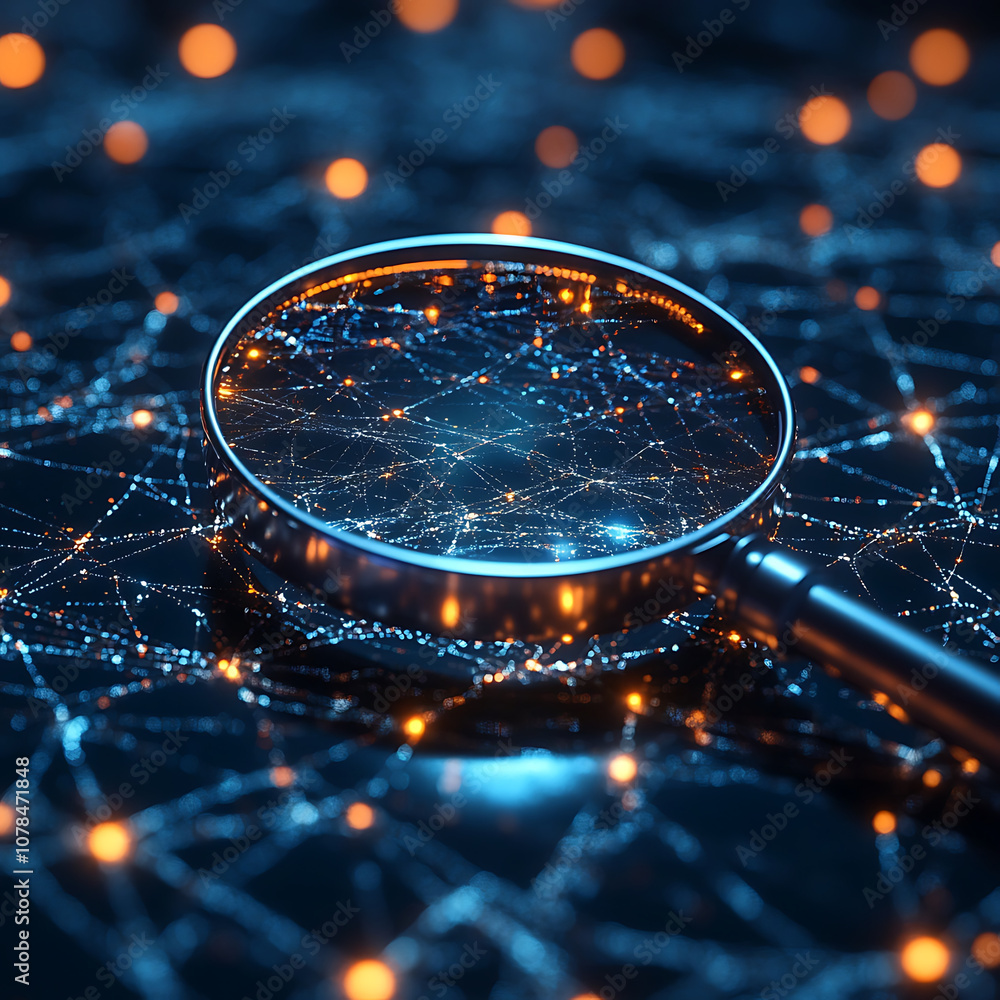 Aufkleber 3d magnifying glass zooming in on complex digital network with glowing nodes, showcasing intricate c
