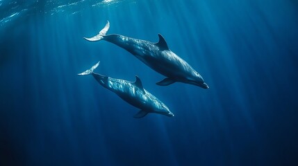 Two dolphins swim in a clear blue ocean, with sunbeams streaming through the water.