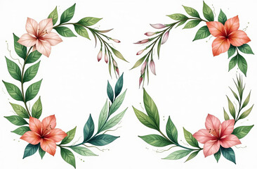 Fototapeta premium Flower and leaf frame decoration. Botanical branch, wreath, garland, border graphic design. Wildflower, herbs and plants isolated.
