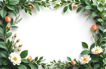 Fototapeta premium Flower and leaf frame decoration. Botanical branch, wreath, garland, border graphic design. Wildflower, herbs and plants isolated.