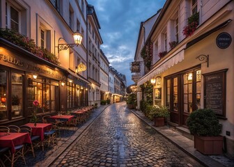 Obraz premium Charming Narrow Cobblestone Street with Restaurants and Shops at Twilight in Europe, Showcasing the Warm Glow of Evening Lights and Inviting Atmosphere