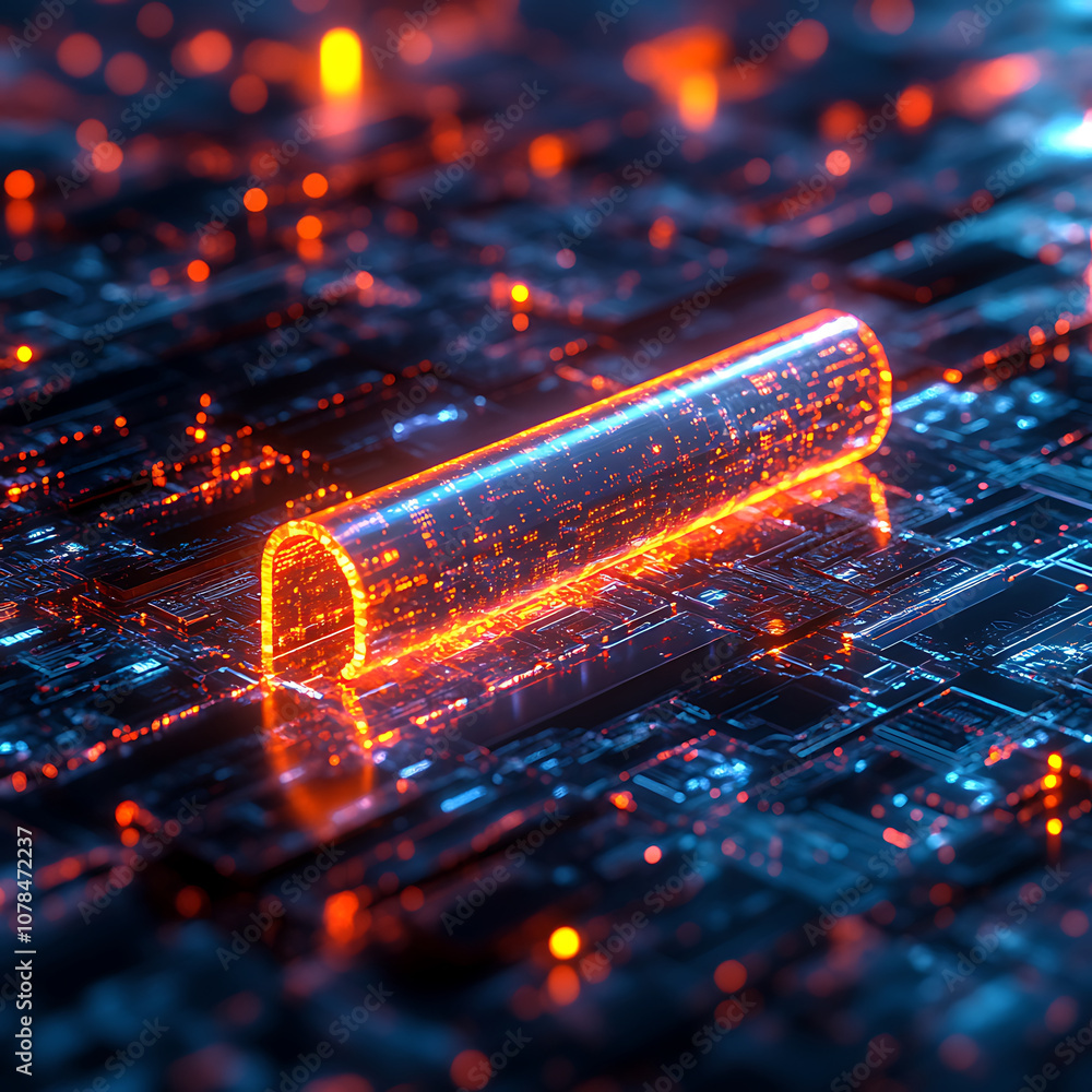 Poster glowing digital search bar slicing through layers of intricate circuitry, showcasing futuristic tech