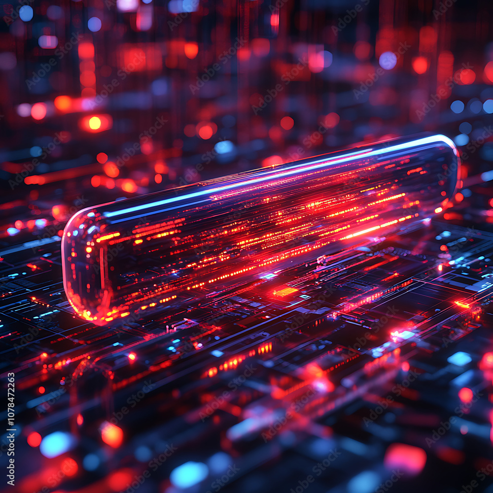 Poster glowing 3d search bar slicing through layers of vibrant digital data, showcasing futuristic and dyna